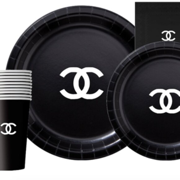 Custom Fashion Party Paper Plates, Napkins and Cups Set, Black with White, 60pcs - Picture 1 of 4